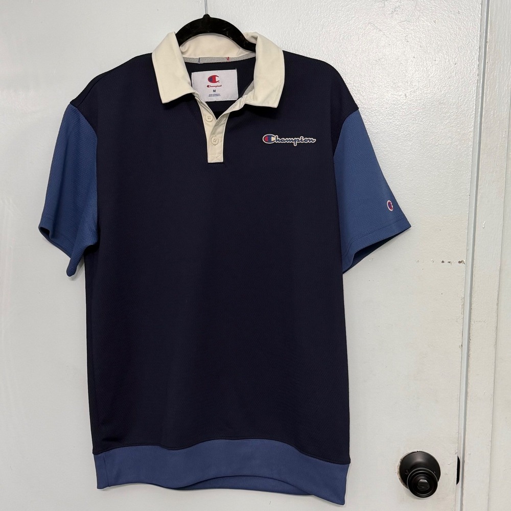 NWT Champion Arena Polo Mens Medium Navy Blue Colorblock Mesh Golf Tennis Shirt